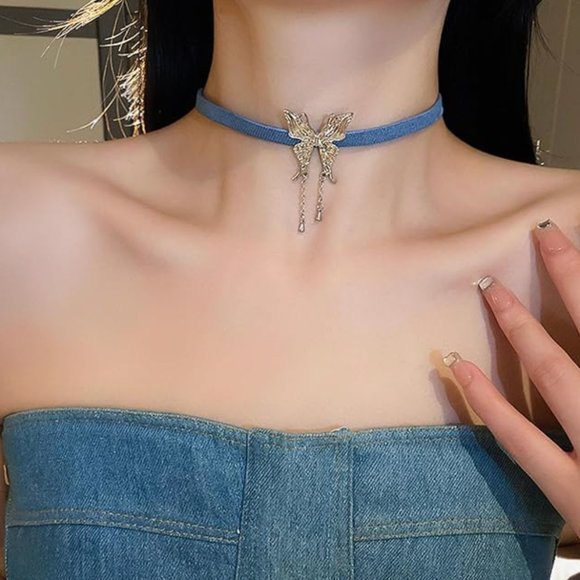 Jeans Butterfly Necklace Choker - Picture 5 of 5
